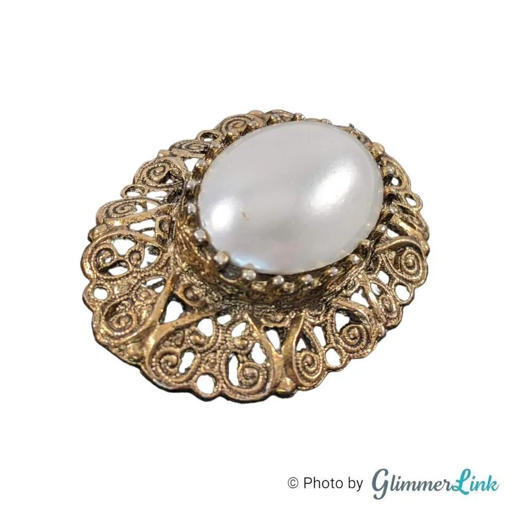 Vintage Oval Large Faux Pearl Cabochon Filigree Gold Tone Brooch Pin